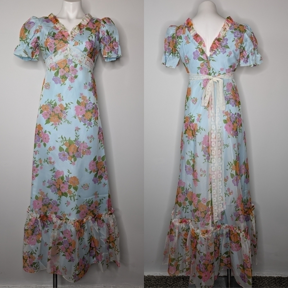 Vintage blue pink orange organza v neck puff sleeve ruffle neck maxi dress 10